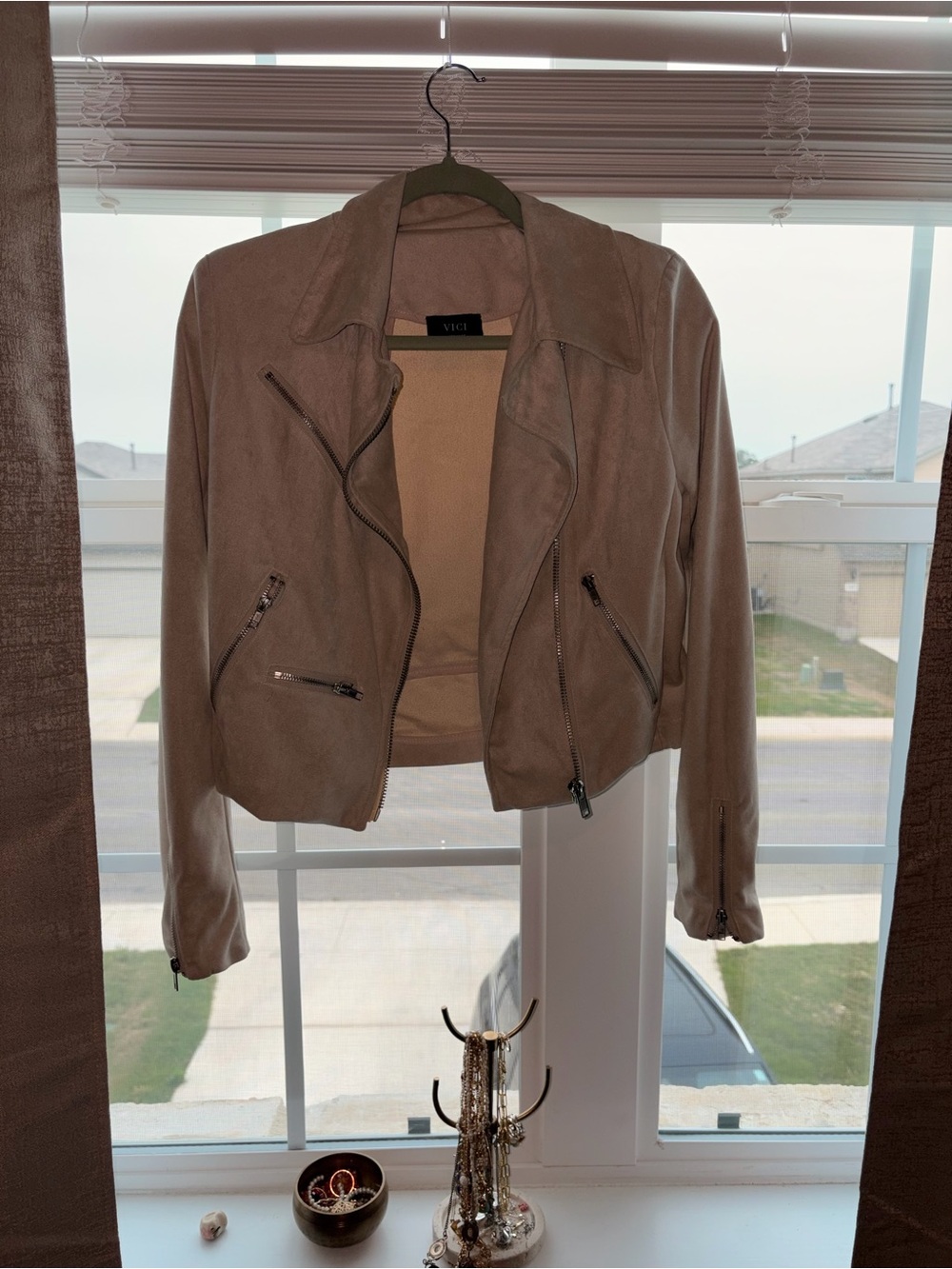 VICI Taupe Cropped Suede Moto Jacket